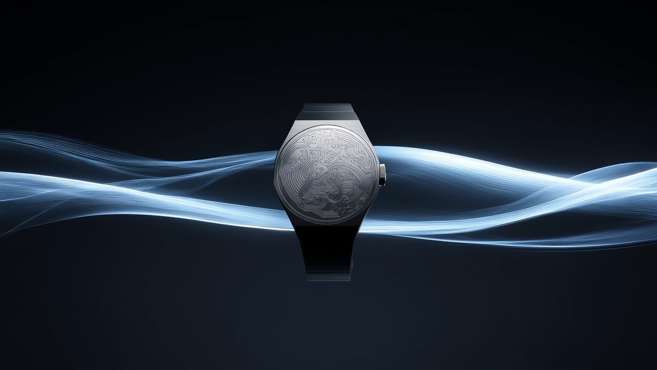 A silver dial etched with a circuit pattern, crossed by flowing ribbons of ice-blue light on a near-black studio background.