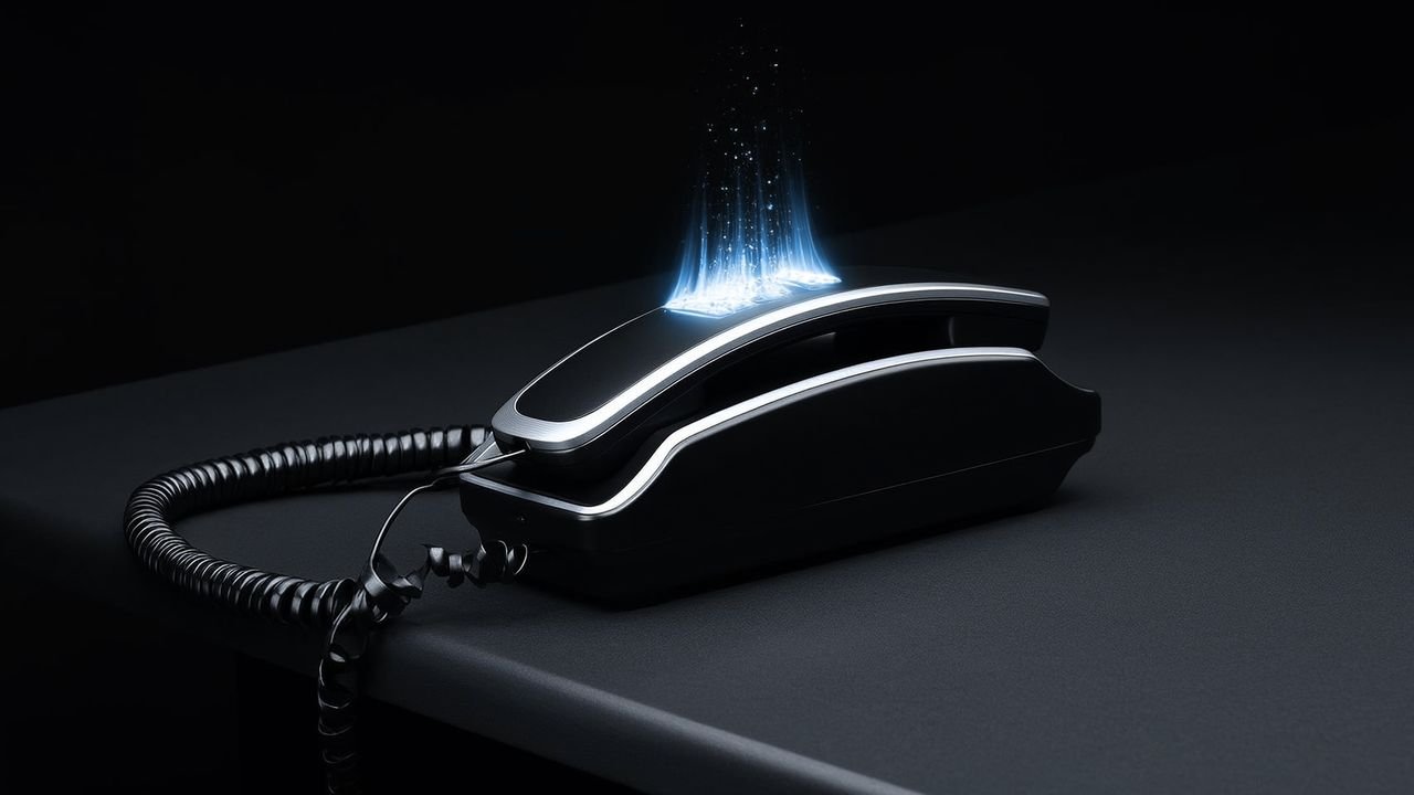A black phone handset on a dark desk with a ribbon of ice-blue light rising from it and branching into glowing points.