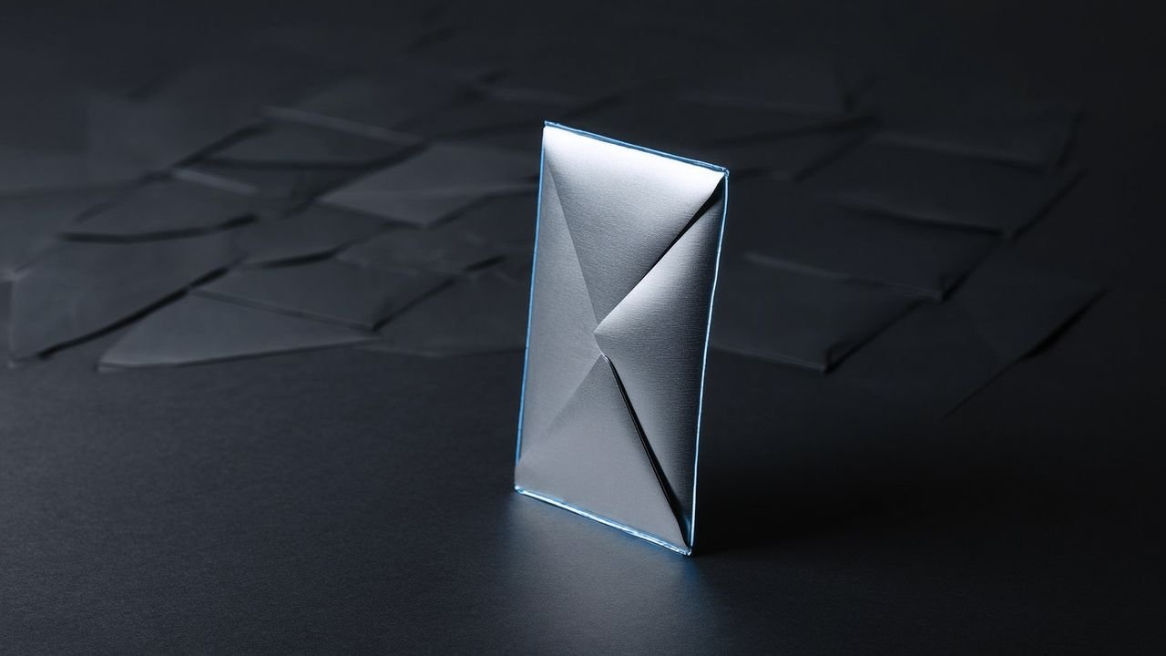 A single sealed silver envelope standing upright, edged with ice-blue light, among faint identical envelopes.