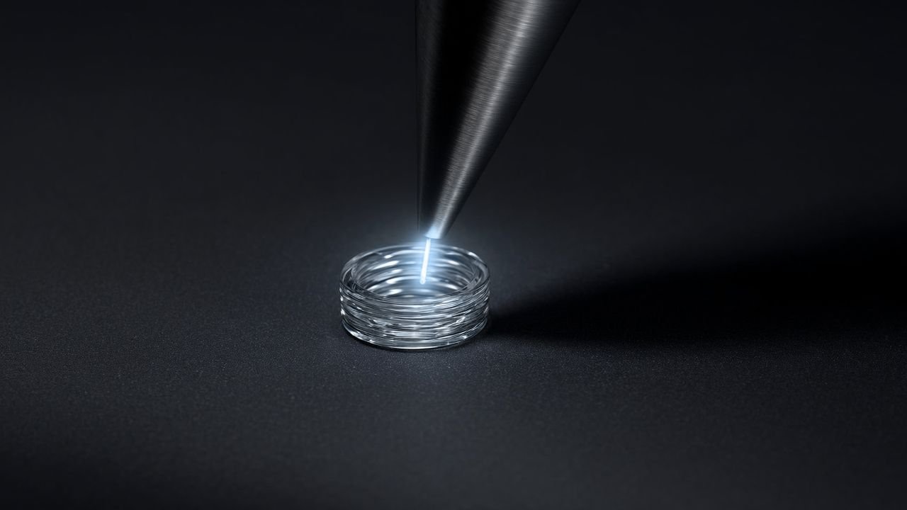 A brushed-silver funnel of glass rings with a single stream of ice-blue light passing through it.