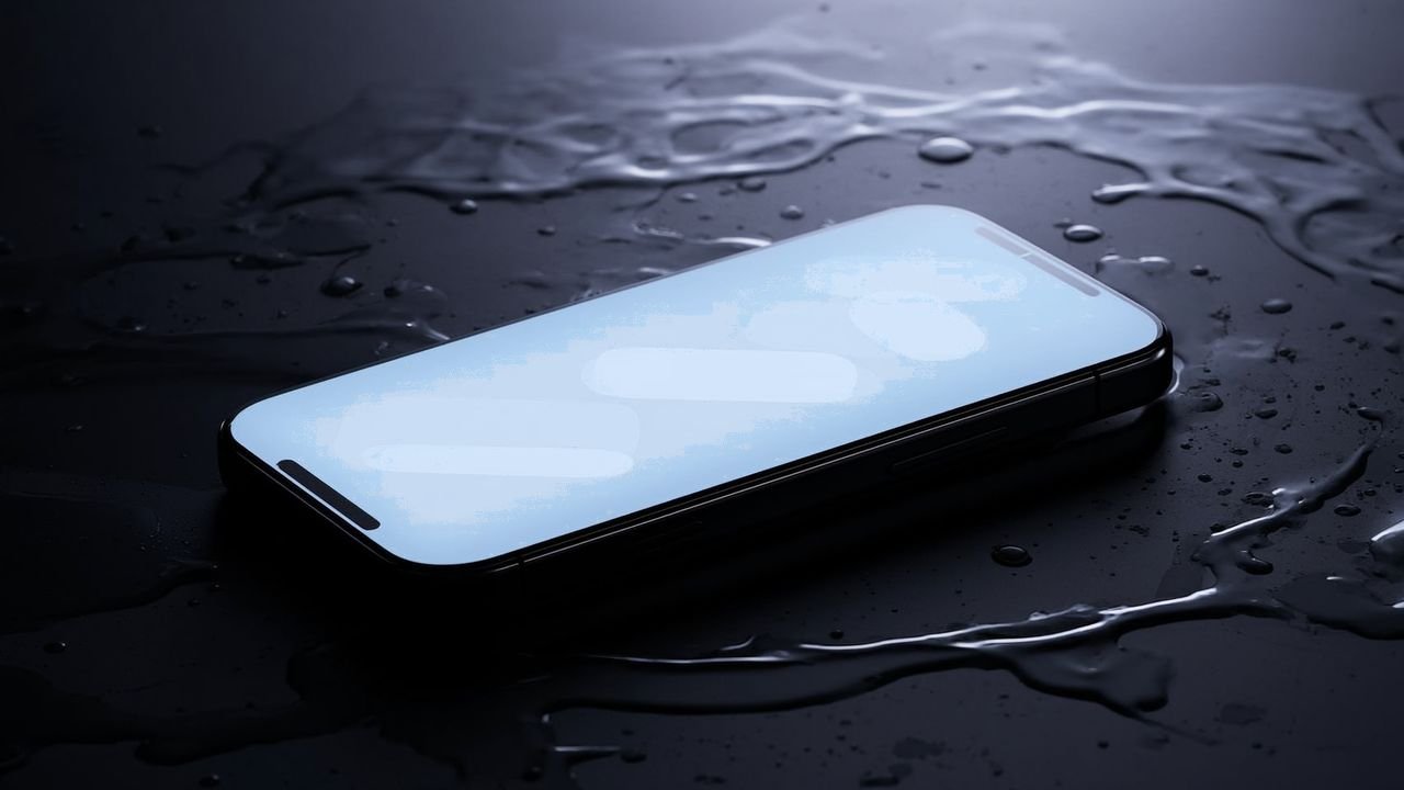 A smartphone glowing ice-blue on a wet dark surface, with blank message bubbles on its screen.
