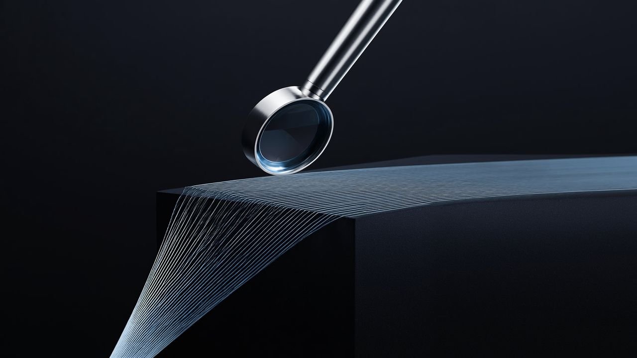 A silver magnifying lens focusing a web of ice-blue light lines into a single bright point on a dark surface.