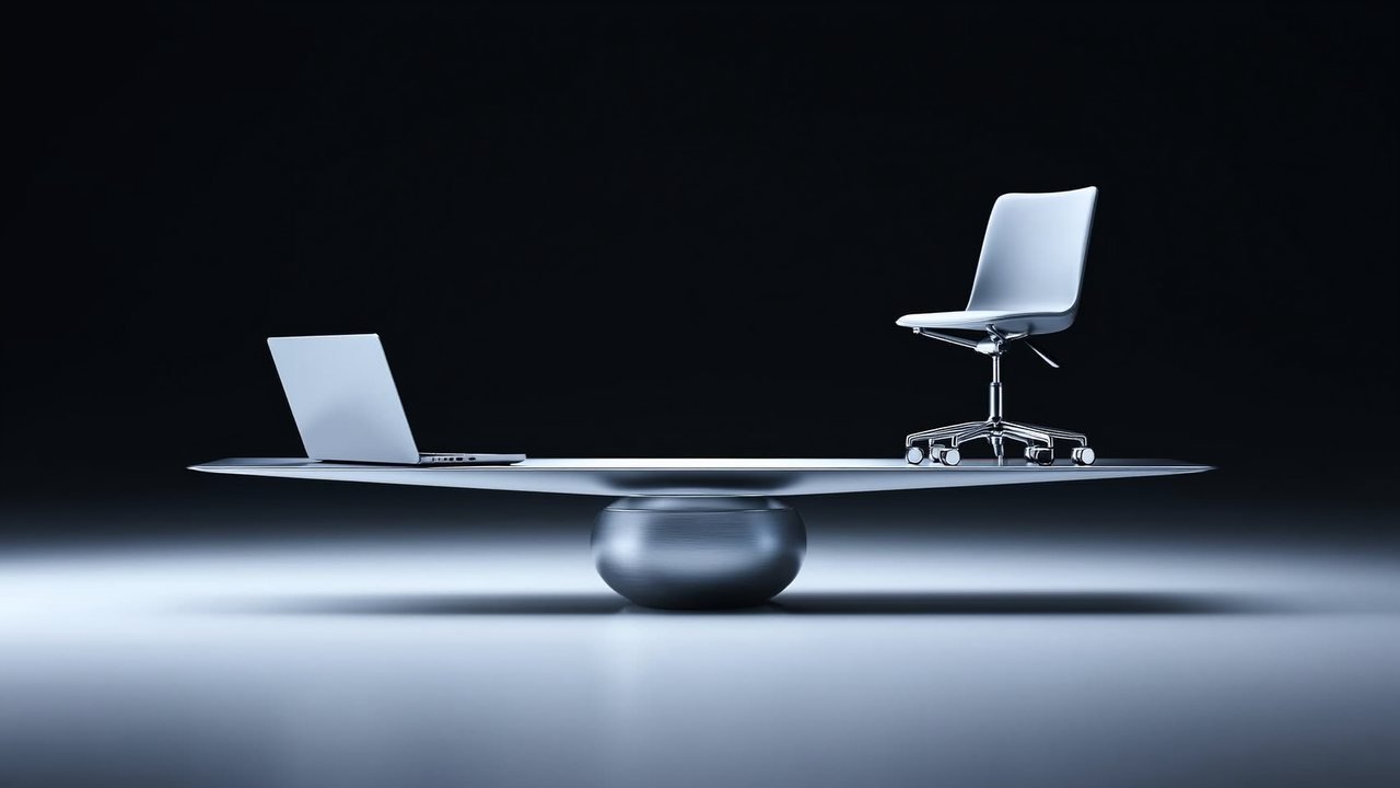 A silver balance beam with a laptop on one end and an office chair on the other, lit by cool ice-blue light against a near-black studio background.