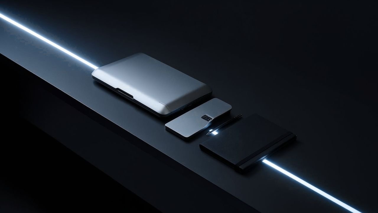 An organized dark desk with a laptop, a silver desk phone and a notebook, lit by a thin line of ice-blue light.
