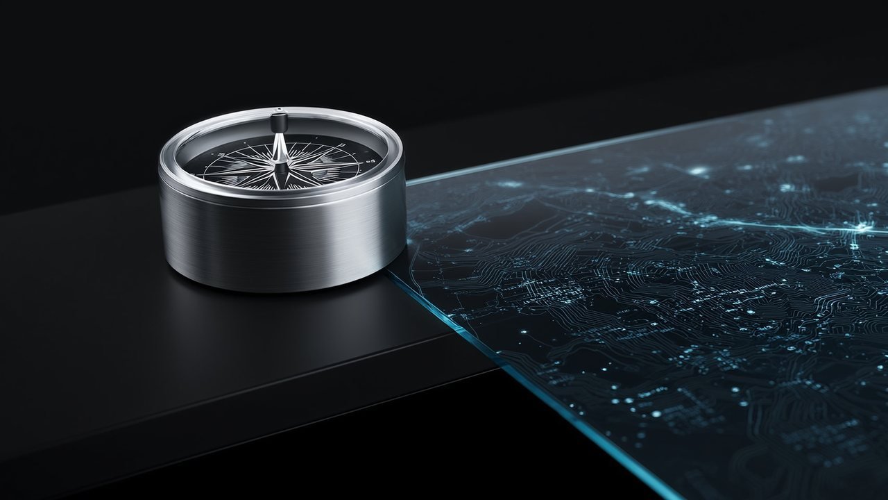 A brushed silver compass resting on a dark desk beside a glass map etched with glowing ice-blue circuit traces.