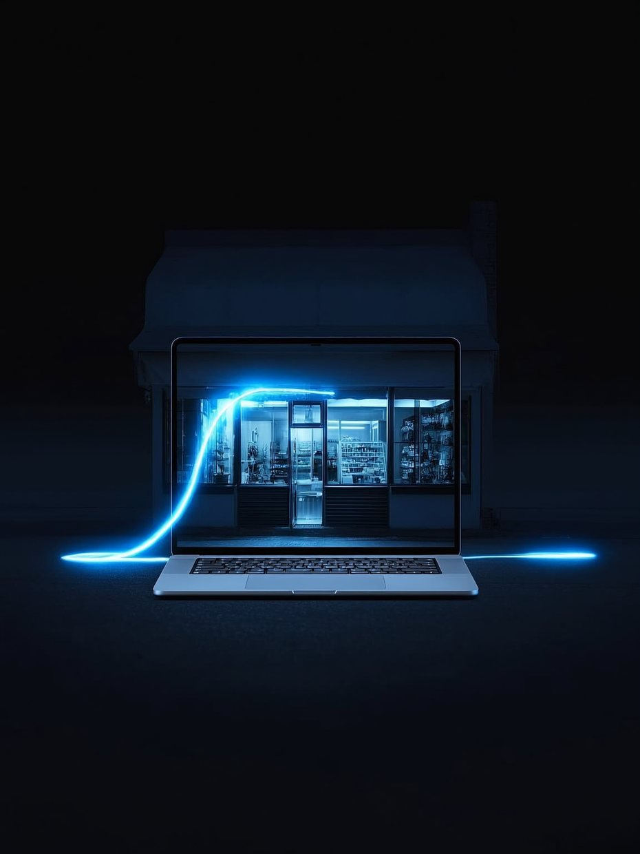 A shop front at night whose lit window continues onto a laptop screen showing the same shop, joined by a trail of ice-blue light