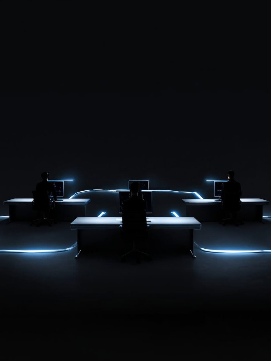 Three remote professionals at desks in a dark studio, their workstations linked by lines of ice-blue light