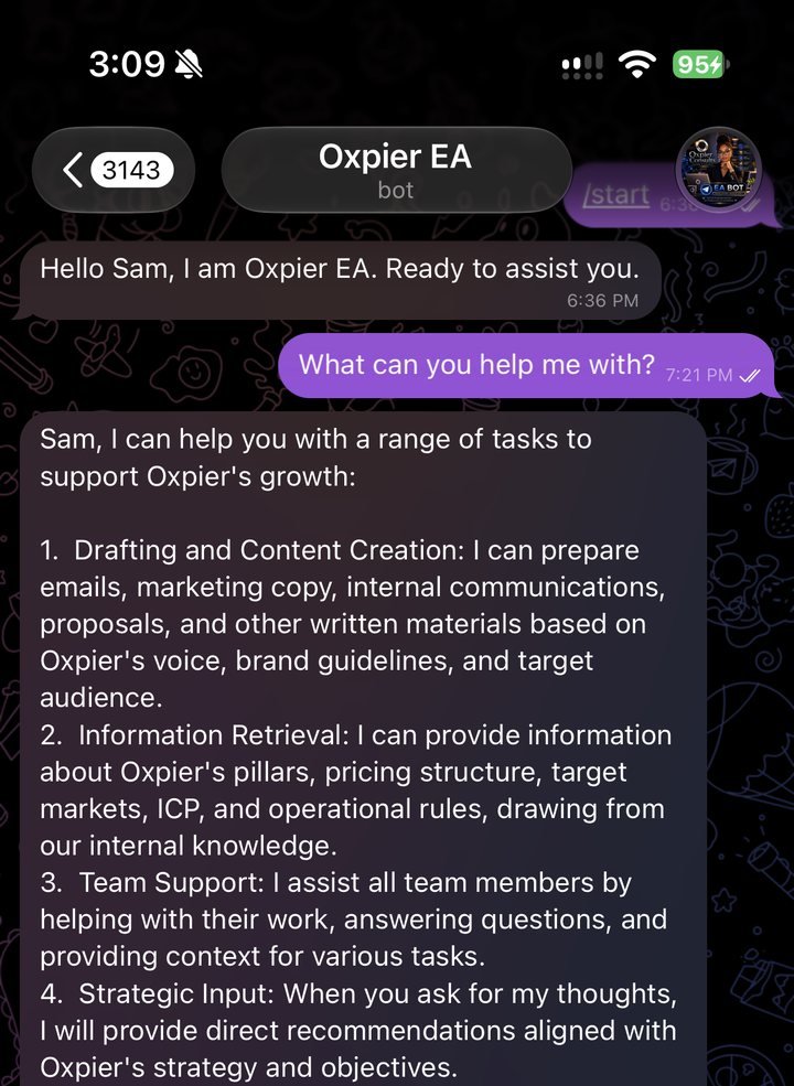 The Oxpier EA bot in Telegram greeting its owner and listing what it can help with: drafting and content, information retrieval, team support and strategic input