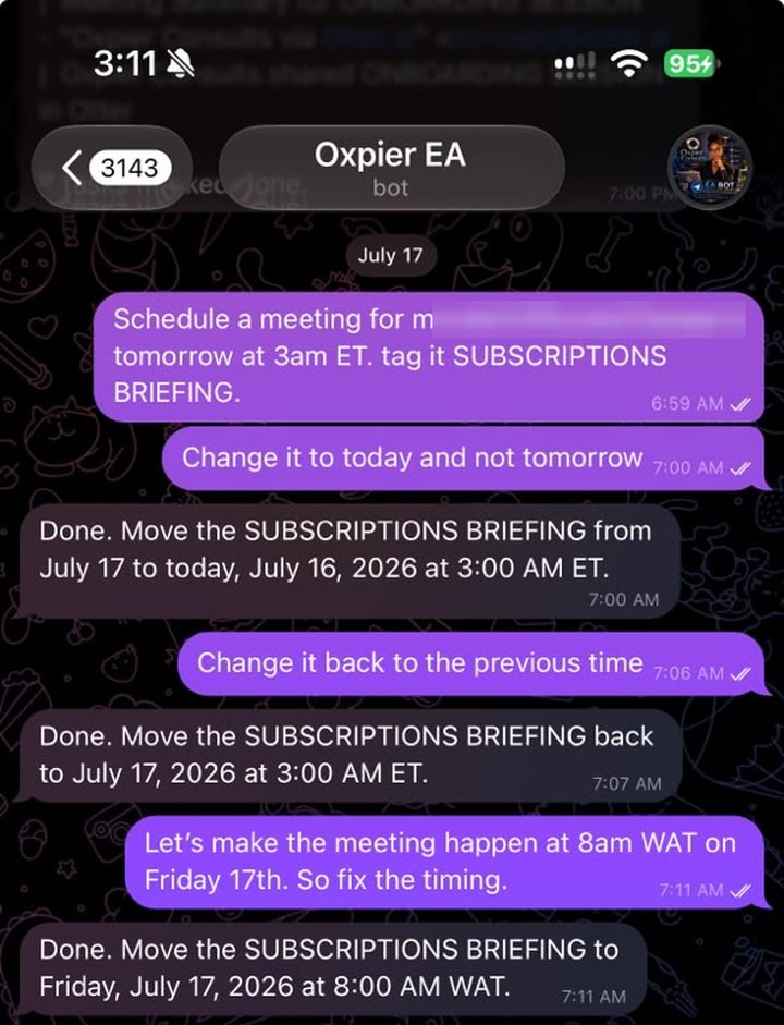 A Telegram chat where the owner asks Oxpier EA to schedule a meeting, then changes the day and time twice in plain language, and the bot confirms each change