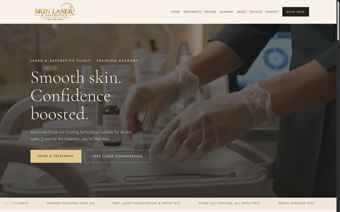 A cream and gold skincare and laser clinic website with a hero photo, treatment details and a Book now button