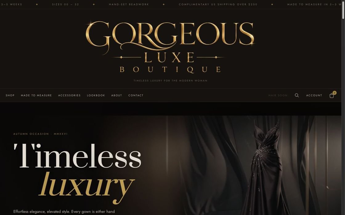 A dark and gold boutique website for occasion gowns, with an elegant serif logo and a made-to-measure section