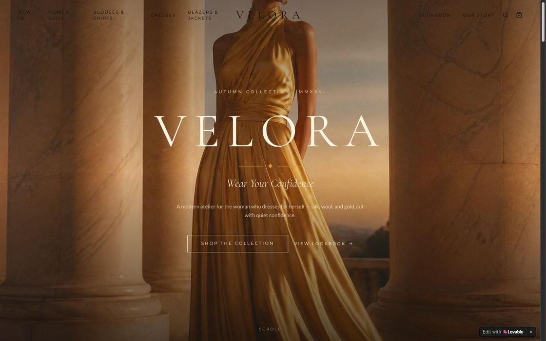A fashion brand website with a full-screen hero in warm golden light and a lookbook section