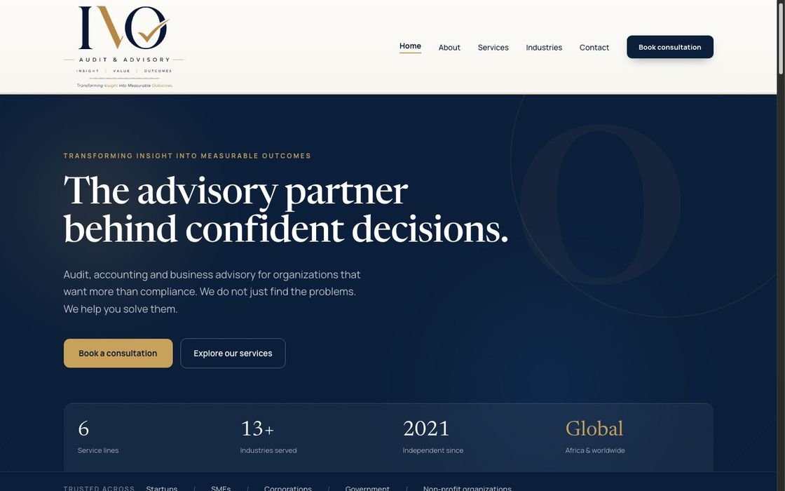 A navy and gold audit and advisory firm website with a clear headline and a Book a consultation button