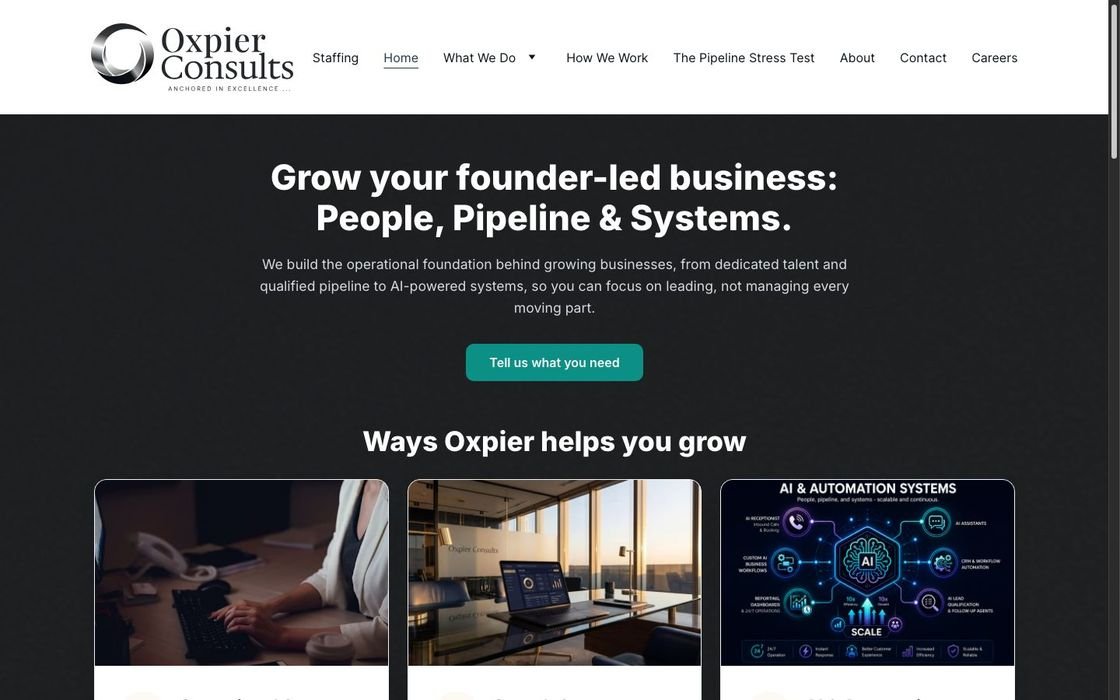 The previous Oxpier Consults website, a dark layout with a teal call-to-action button and three service cards