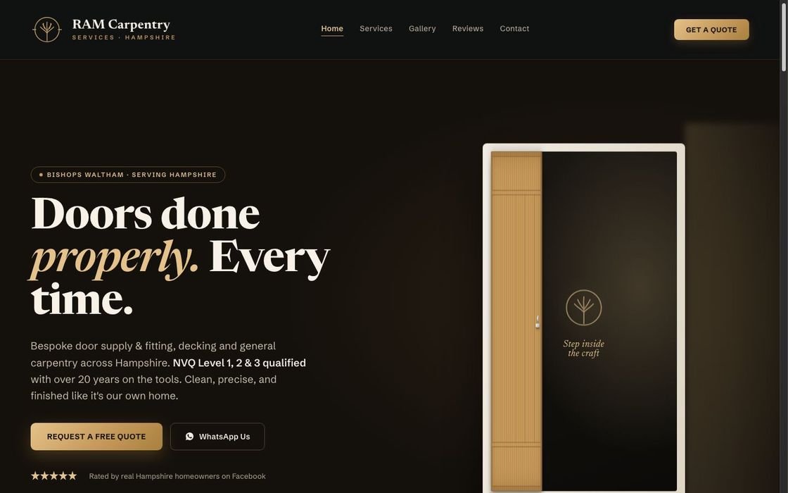 A dark and warm gold carpentry website with a headline about doors done properly and a Request a quote button