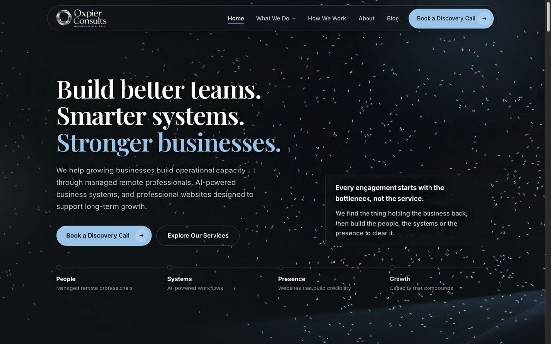 The new Oxpier Consults website, a dark silver and ice-blue design with a glowing particle ring and a Book a Discovery Call button