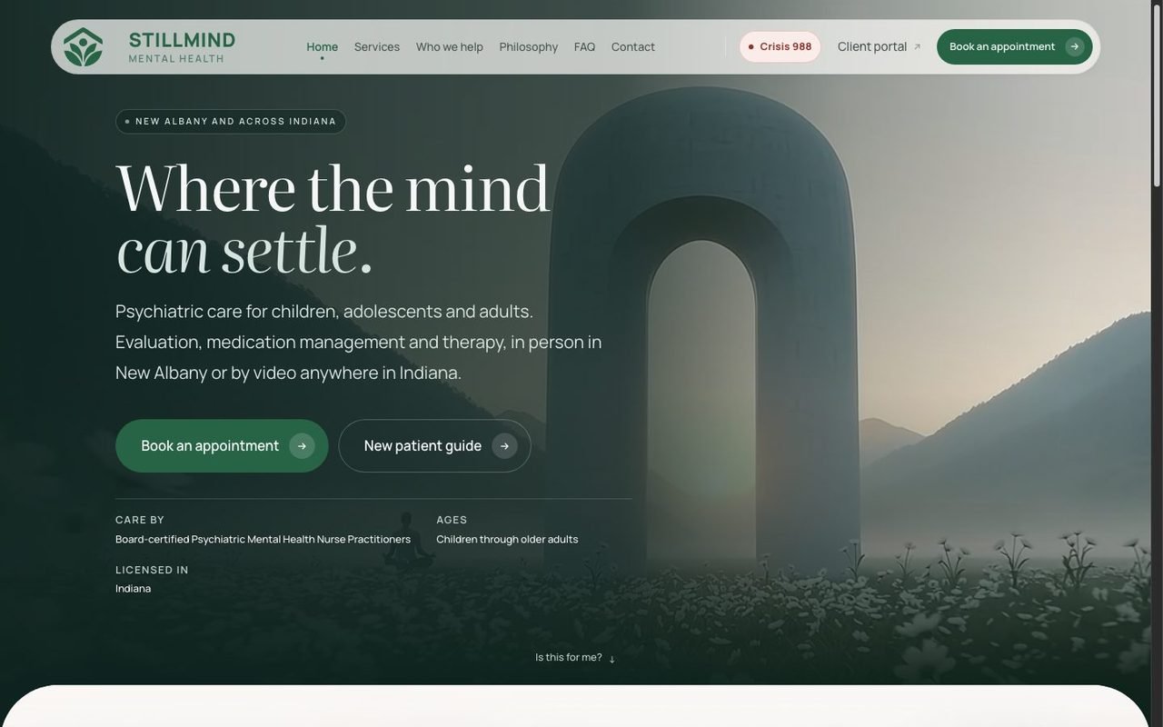 A calm green mental health practice website with a misty mountain hero and a Book an appointment button